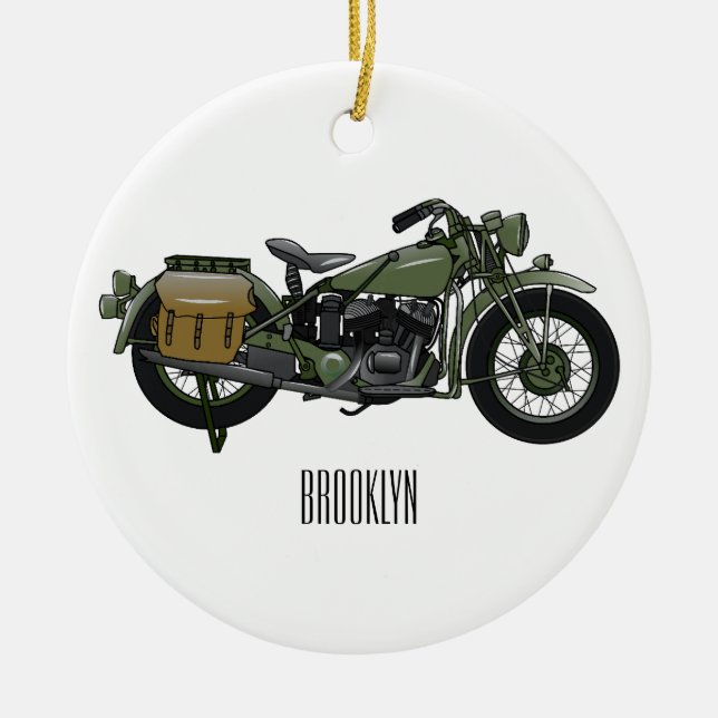Military cruiser motorcycle cartoon illustration ceramic ornament (Front)