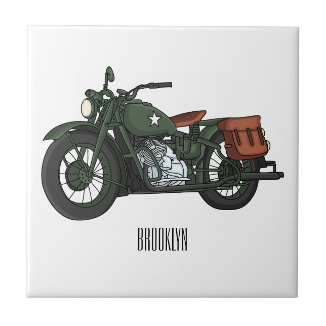 Military cruiser motorcycle cartoon illustration ceramic tile (Front)