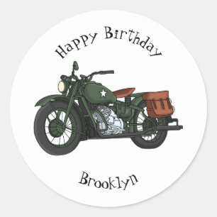 Military cruiser motorcycle cartoon illustration classic round sticker