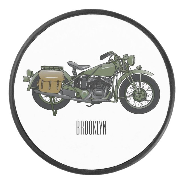 Military cruiser motorcycle cartoon illustration hockey puck (Front)
