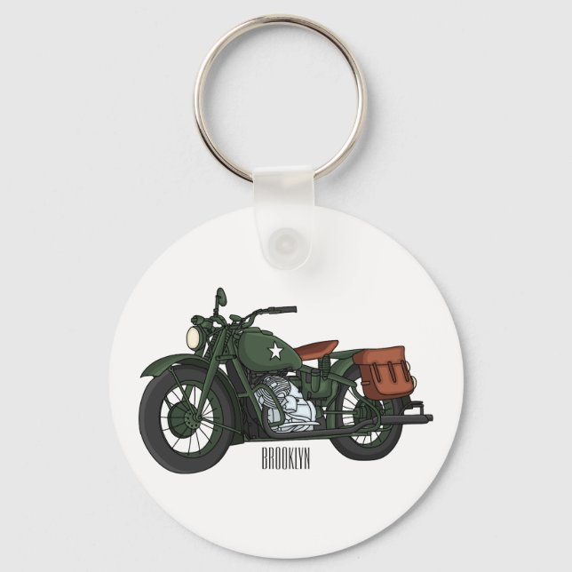 Military cruiser motorcycle cartoon illustration key ring (Front)