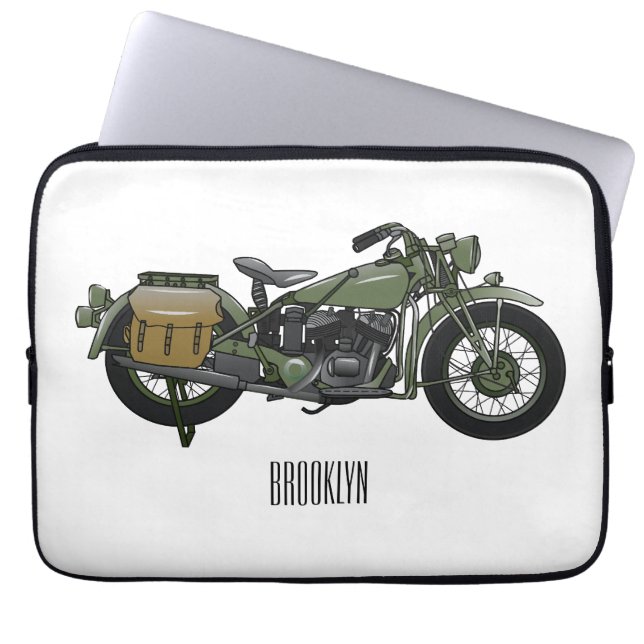 Military cruiser motorcycle cartoon illustration laptop sleeve (Front)