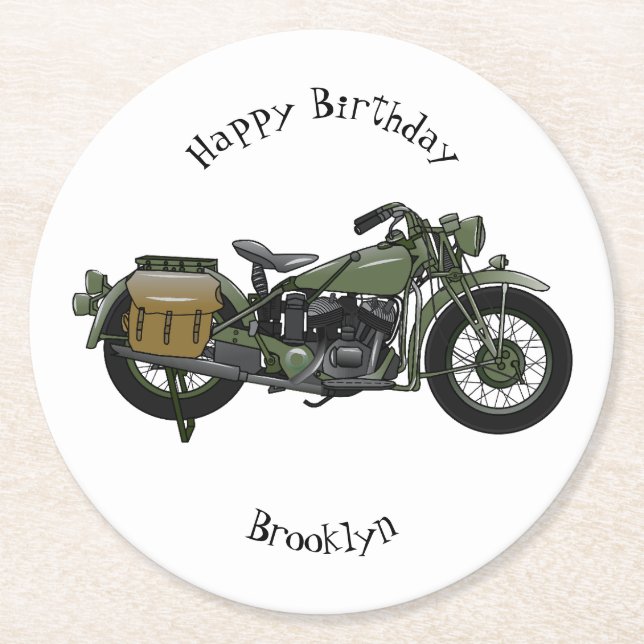 Military cruiser motorcycle cartoon illustration round paper coaster (Front)