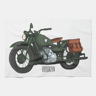 Military cruiser motorcycle cartoon illustration tea towel