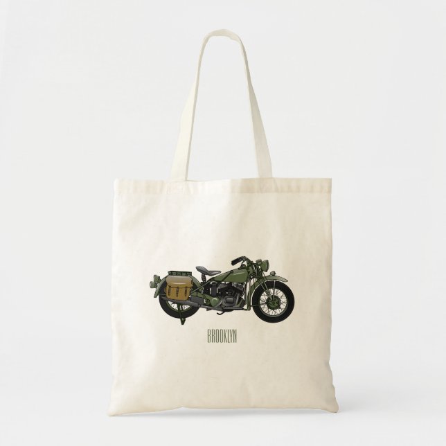 Military cruiser motorcycle cartoon illustration tote bag (Front)