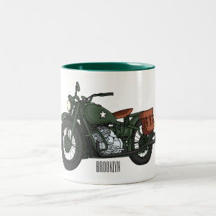 Military cruiser motorcycle cartoon illustration Two-Tone coffee mug