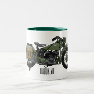 Military cruiser motorcycle cartoon illustration Two-Tone coffee mug