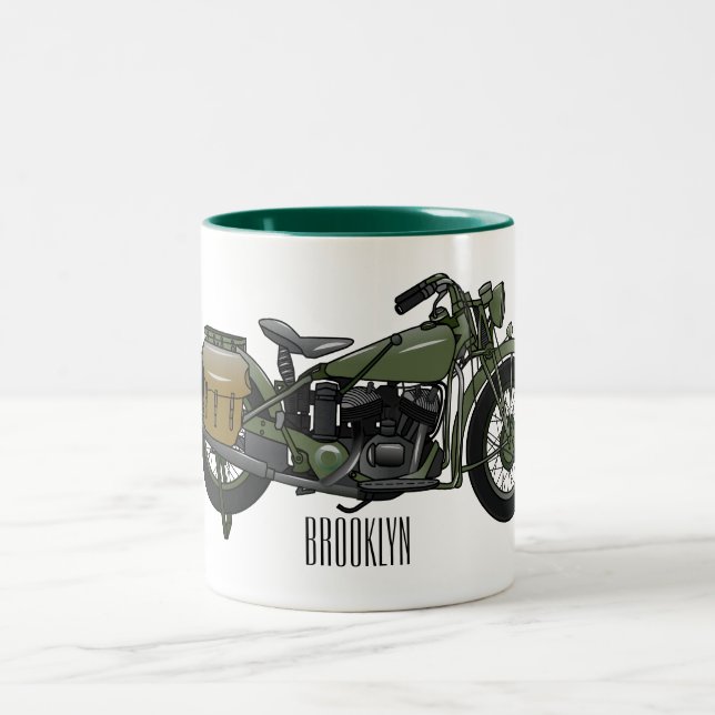 Military cruiser motorcycle cartoon illustration Two-Tone coffee mug (Center)
