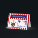 Military Daughter-in-law Birthday Card<br><div class="desc">This Patriotic Birthday Card will make your military Daughter-in-law smile. This colourful card features a red and white striped background, chocolate cupcake with stars, American Flags, a flag heart and a candle, red, white & blue stars, a dog tag embossed with "USA" and a blue banner with the text "Happy...</div>