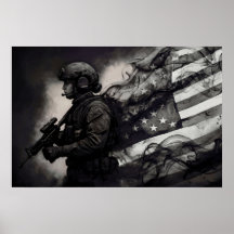Military Female American Flag Smoke Ink Monochrome