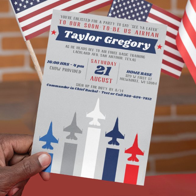 Military Fighter Jet Air Force Going Away Party Invitation (Military Fighter Jet flight formation Air Force Going Away Farewell Party Invitation, USA Flag, F-16)