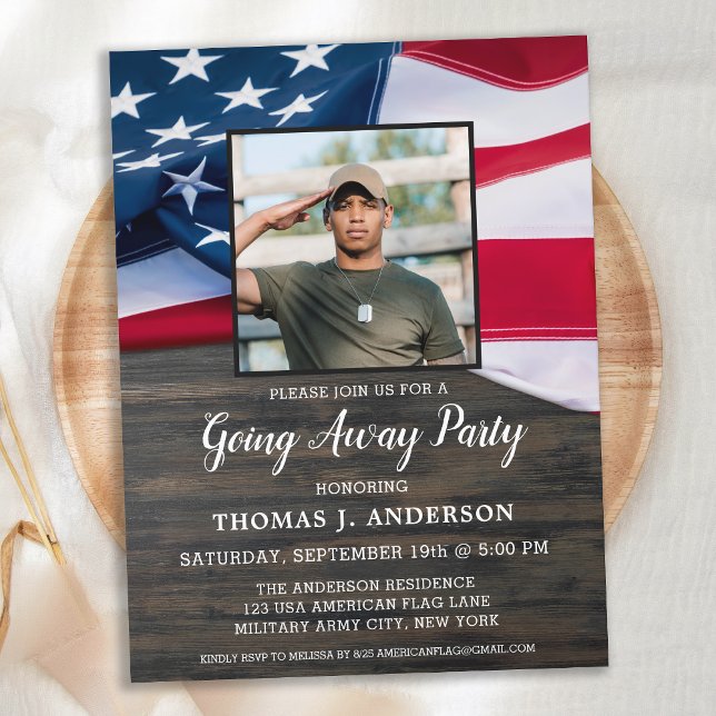 Military Going Away Party Patriotic USA Flag Photo Invitation Postcard (Creator Uploaded)