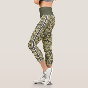military green camouflage white & grey stripe capri leggings