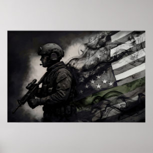 Military Green Line Tribute Smoke American Flag Poster