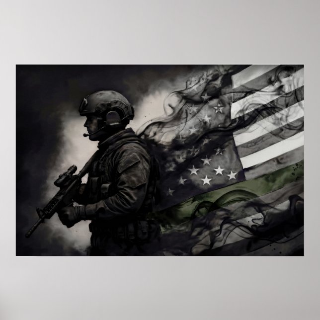 Military Green Line Tribute Smoke American Flag Poster (Front)