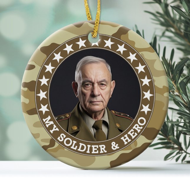 Military Hero - Camouflage Design DOUBLE-SIDED Ceramic Tree Decoration (Personalized Christmas Photo Ornament)