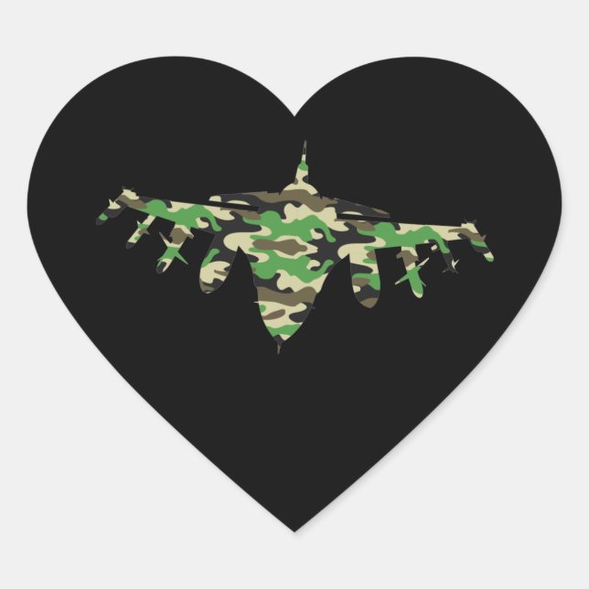 Military Jet camouflage fighter aircraft silhouett Heart Sticker (Front)