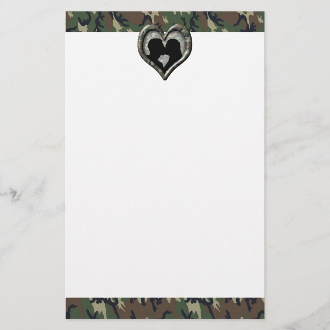 Military Kissing Couple Silhouette Camo Heart Stationery (Front)