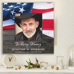 Military Memorial Veteran Photo USA American Flag Faux Canvas Print<br><div class="desc">USA American Flag Memorial Plaque. This military memorial plaque features a United Staes of America Flag on a dark wood background. "In Loving Memory" Personalise this military plaque with your loved ones photo, name & dates, and sentiment. This American Flag photo plaque is a treasured keepsake, military funeral tabletop sign,...</div>