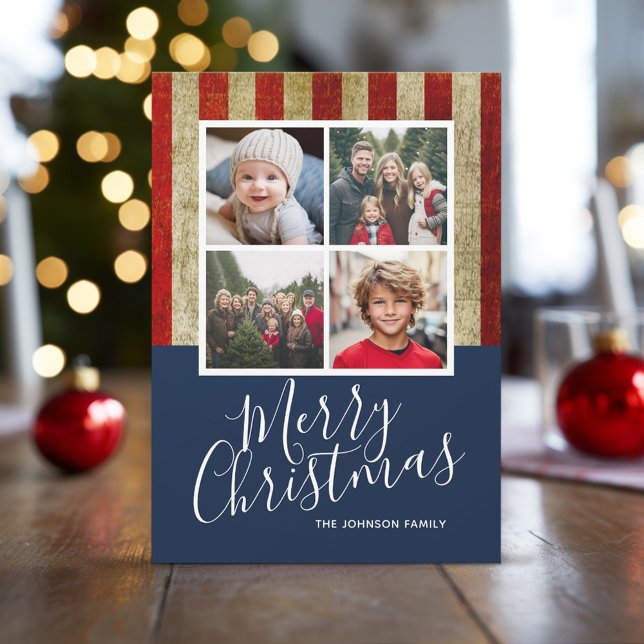 Military Patriotic Christmas 4 photo collage Holiday Card (4 Photo Christmas Card with a Patriotic Theme - Military USA)