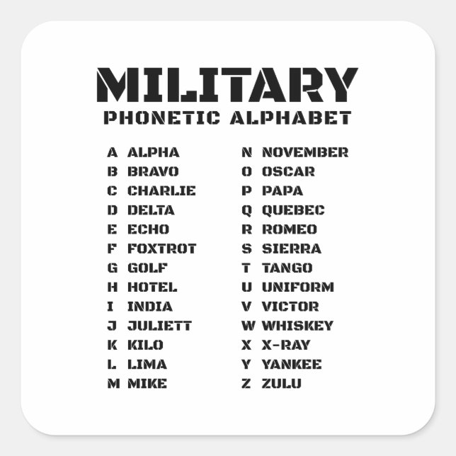 Military Phonetic Alphabet Square Sticker (Front)
