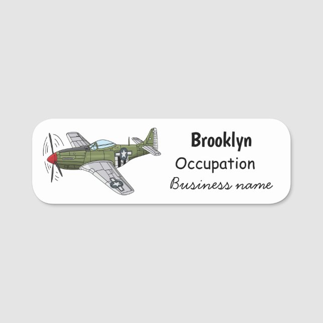 Military plane cartoon illustration name tag (Front)