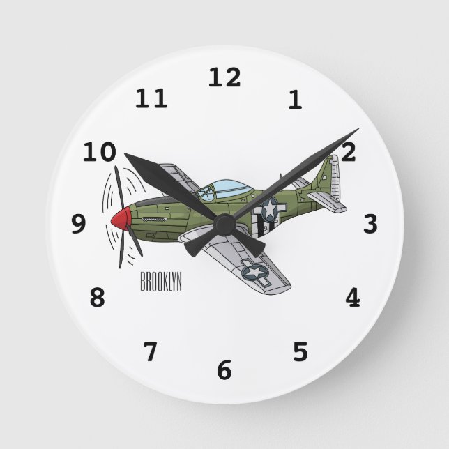 Military plane cartoon illustration round clock (Front)