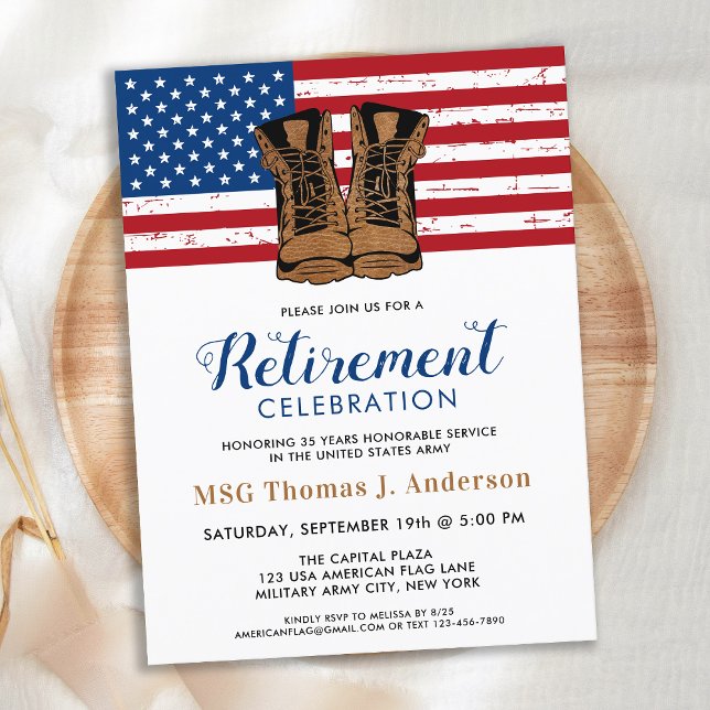 Military Retirement Party Army Boots American Flag Invitation Postcard (Creator Uploaded)