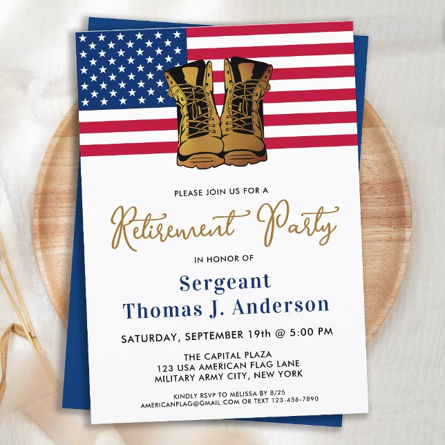 Military Retirement Party Gold Boots American Flag Invitation (Creator Uploaded)