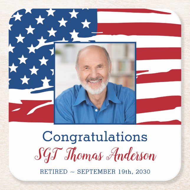 Military Retirement Photo Patriotic American Flag Square Paper Coaster (Front)