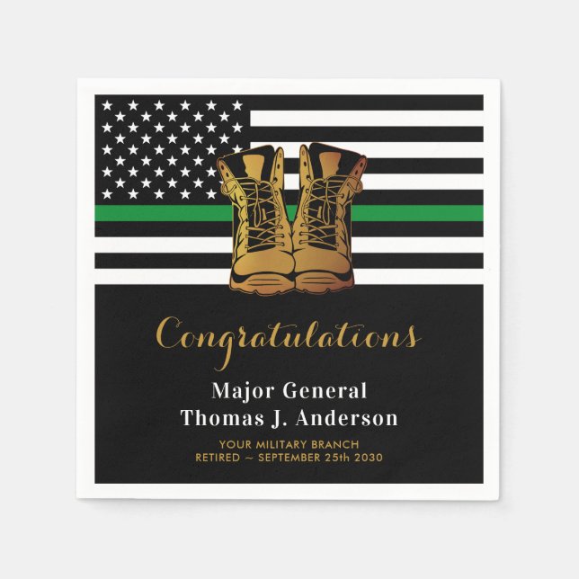 Military Retirement Thin Green Line Boots Party  Napkin (Front)