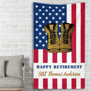 Military Retirement USA American Flag Gold Boots Banner