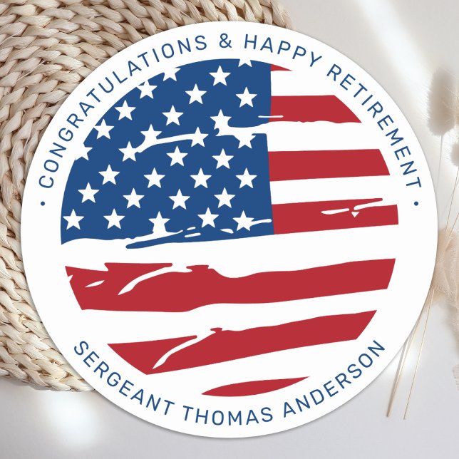 Military Retirement USA American Flag Patriotic Classic Round Sticker (Creator Uploaded)