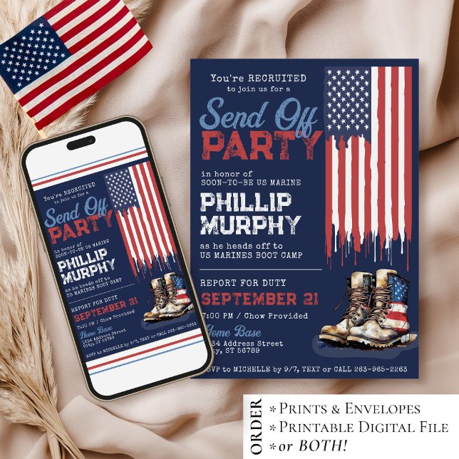 Military Send Off US Flag Boots Party Going Away Invitation (Digital patriotic red white and blue American flag combat boots military send off party invitation)