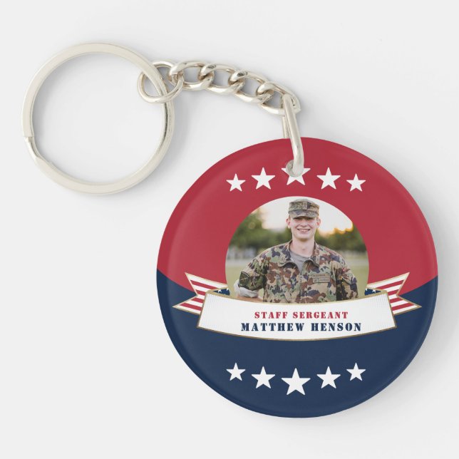 Military Service Photo Red White Blue Keychain (Front)