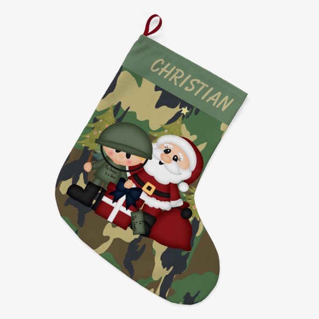Military Soldier and Santa Claus Personalised Large Christmas Stocking (Front (Hanging))