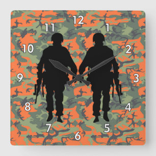 Military Soldier / Warrior Silhouette with Camo Square Wall Clock
