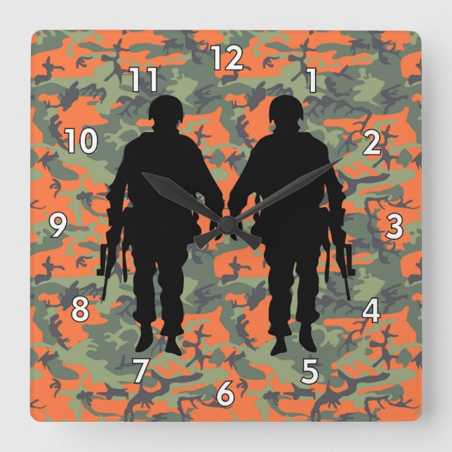 Military Soldier / Warrior Silhouette with Camo Square Wall Clock (Front)