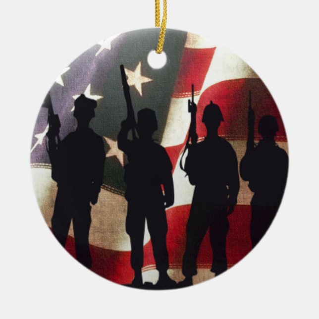 Military Soldiers Silhouette Patriotic Flag Ceramic Tree Decoration (Front)