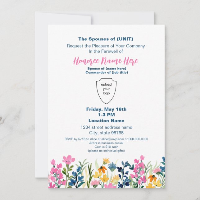 Military Spouse Farewell Custom Watercolor Flower  Invitation (Front)