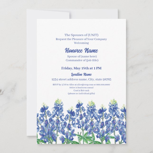 Military Spouse Welcome Texas Bluebonnet Digital Invitation (Front)