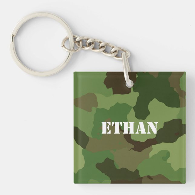 Military-Style Brown Green Camouflage White Text Key Ring (Front)