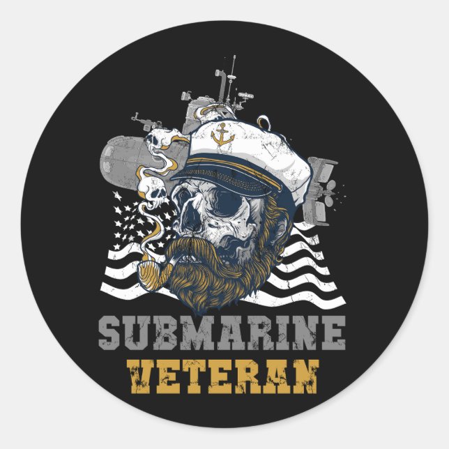 Military Submarine Veteran Submariner Skull Captai Classic Round Sticker (Front)