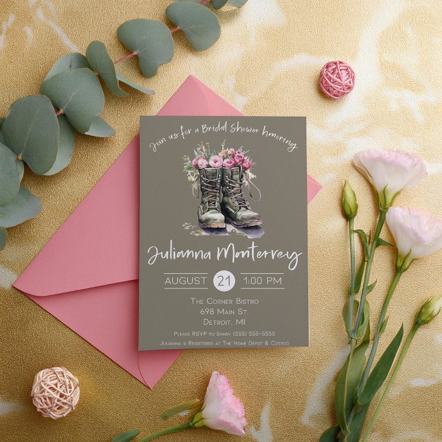 Military Themed Bridal Shower, Boots, Floral, Army Invitation (Creator Uploaded)