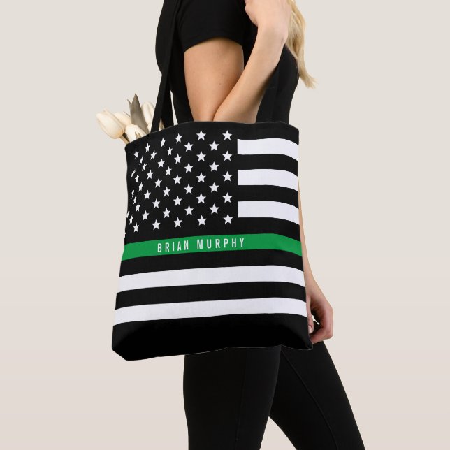 Military Thin Green Line American Flag Monogram Tote Bag (Close Up)