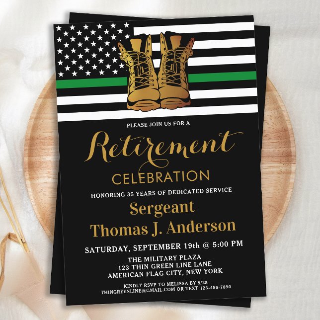 Military Thin Green Line Boots Retirement Party Invitation (Creator Uploaded)