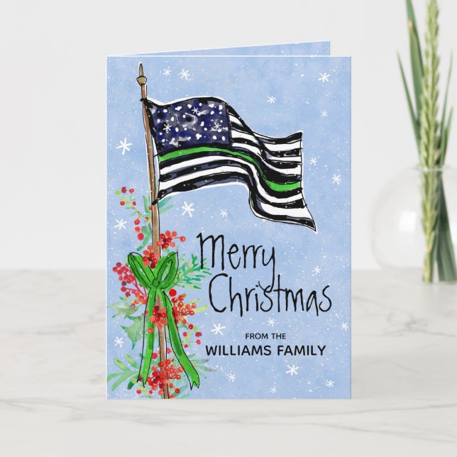 Military Thin Green Line Flag Merry Christmas Holiday Card (Front)
