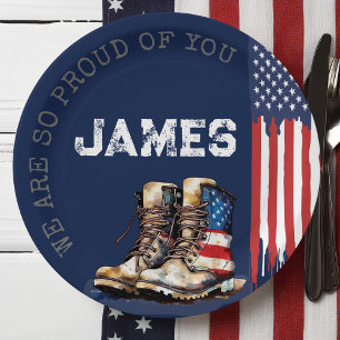 Military US Flag Boots BLUE Going Away Party Paper Plate