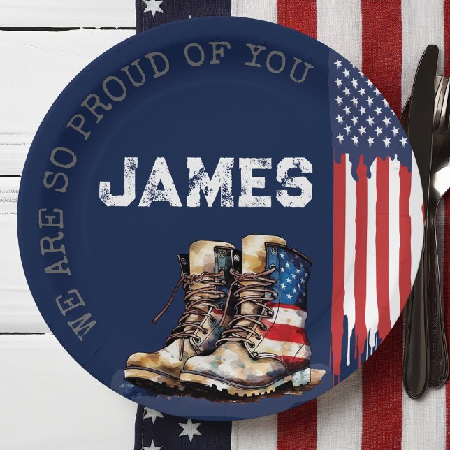 Military US Flag Boots BLUE Going Away Party Paper Plate (Patriotic Military Party US Flag Combat Boots going away farewell party table decor paper plates)