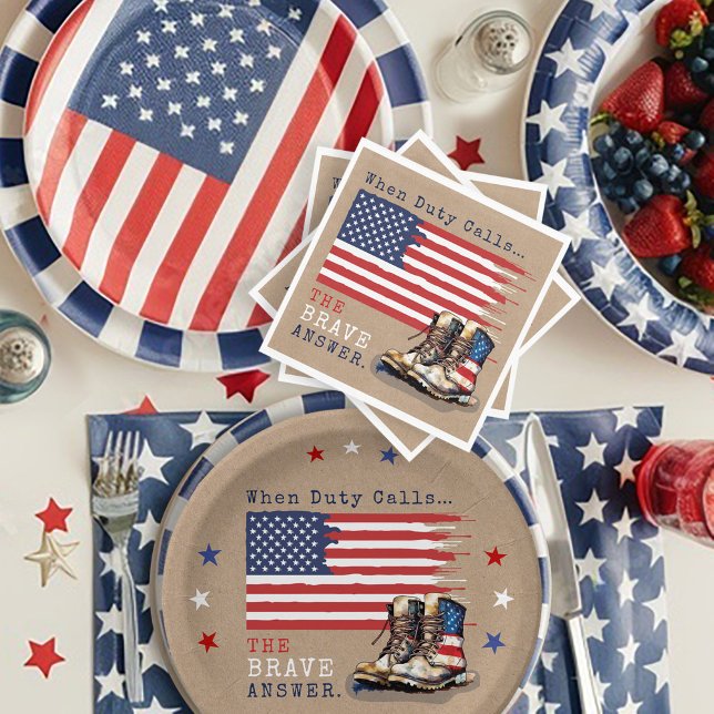 Military US Flag Boots RUSTIC Going Away Party Napkin (Patriotic Military Party US Flag Combat Boots going away farewell party table decor plates napkins)